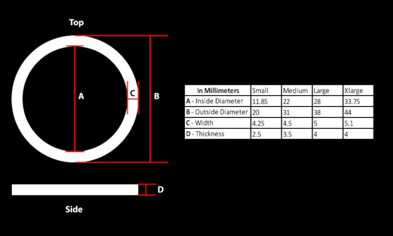 K&ouml;nnte beinhalten: Diagramm, das die Ma&szlig;e eines Rings in Millimetern zeigt. Der Ring ist mit den Buchstaben A, B, C und D beschriftet. Die Ma&szlig;e gelten f&uuml;r den Innendurchmesser, den Au&szlig;endurchmesser, die Breite und die Dicke. Die Gr&ouml;&szlig;en sind klein, mittel, gro&szlig; und extra gro&szlig;.