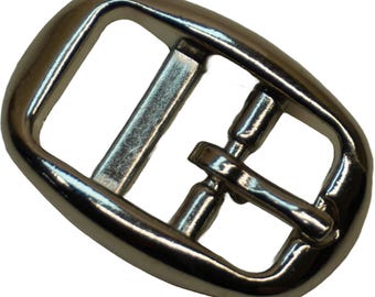 May include: Silver metal buckle with a smooth, rounded finish. The buckle has a rectangular shape with a single, centered, sliding bar.