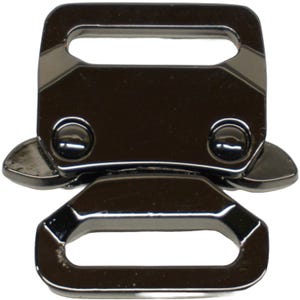 May include: A close-up of a shiny, dark metal buckle with a rectangular loop and rounded edges. Two small, circular rivets are visible. The buckle is designed to connect with a matching piece, creating a secure closure.