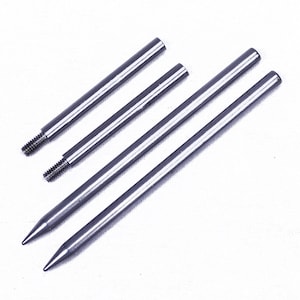 May include: Four silver metal rods with pointed ends. The rods are arranged in a staggered pattern, with the longest rod at the top and the shortest rod at the bottom.