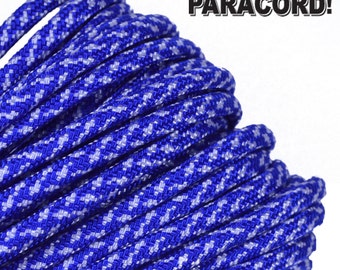 Puede incluir: Primer plano de paracord azul y blanco, un tipo de cuerda de nylon resistente que se utiliza a menudo para manualidades y supervivencia.