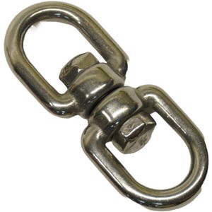 Może przedstawiać: Błyszczący szekla obrotowa ze stali nierdzewnej. Posiada dwa zaokrąglone oczka połączone centralnym mechanizmem obrotowym, zabezpieczone nakrętkami sześciokątnymi. Konstrukcja umożliwia pełny obrót o 360 stopni. Metal ma odblaskową powierzchnię.