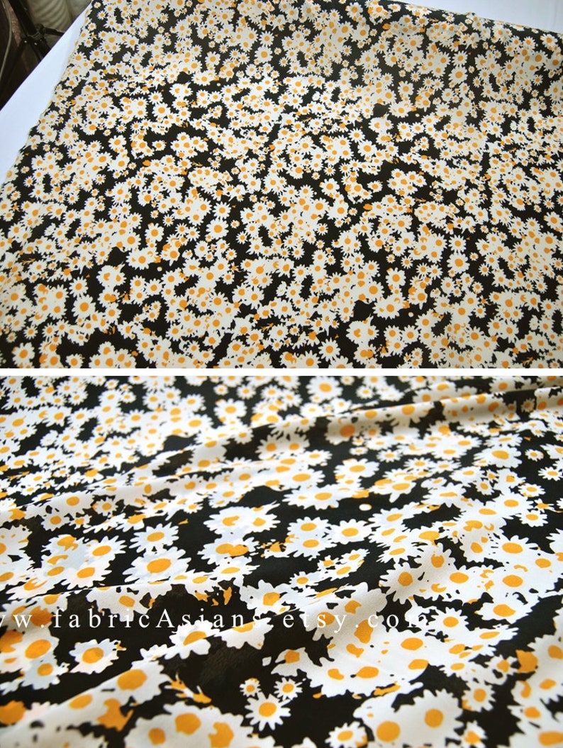black silk crepe de chine yellow daisy fabric 100/% Silk Width 55