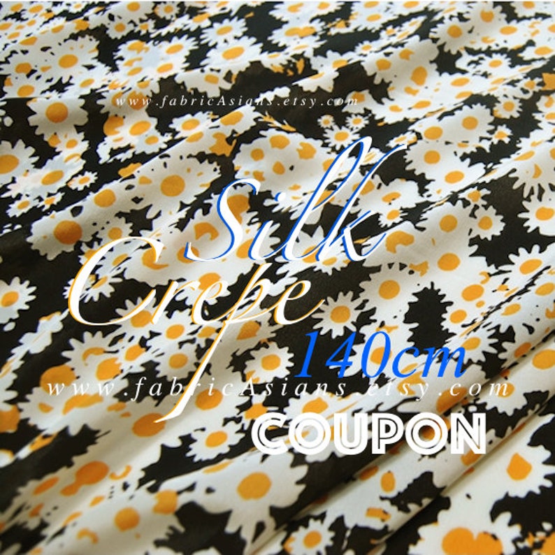 black silk crepe de chine yellow daisy fabric 100/% Silk Width 55