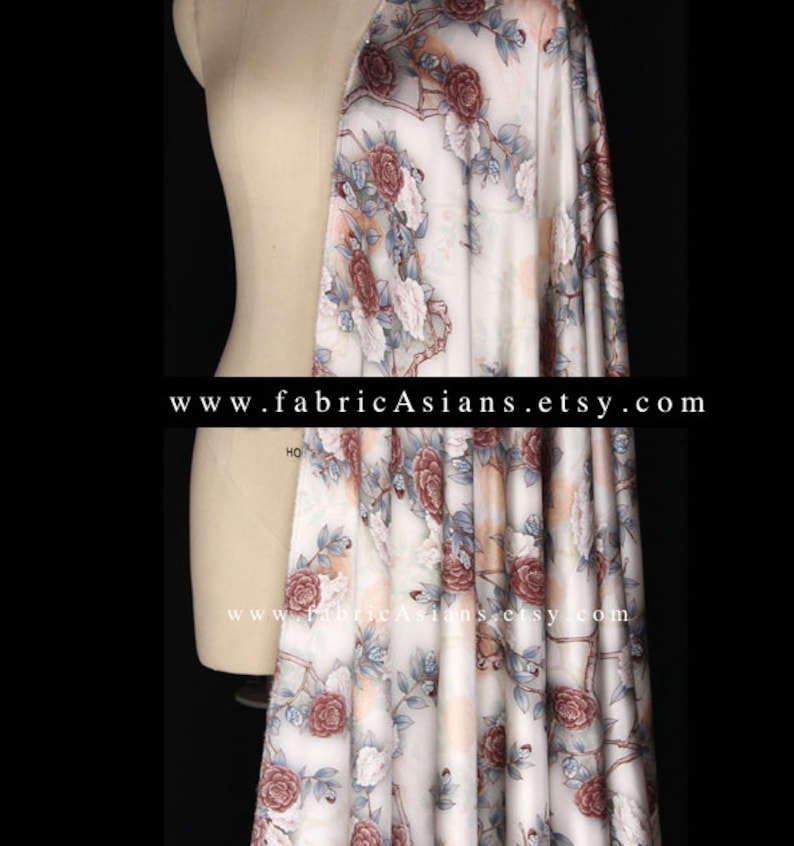 Grey Satin Silk browny red rosette stretch fabric by the yard