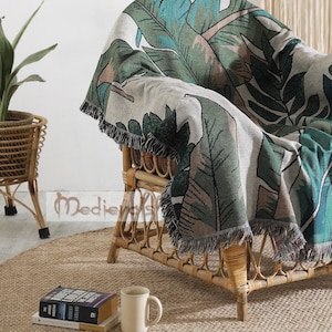 Palm Leaf Woven Tapestry: Retro Cottagecore Organic Cotton Throw