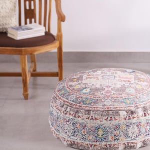 Luxury Gray Vintage Moroccan Pattern Round Rustic Boho Floor Cushion Pouff Ottoman, Pet Couch relaxing Cushions