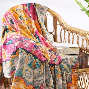 イカット柄のスローブランケット：ボヘミアンペルシャデザイン、リサイクルコットン