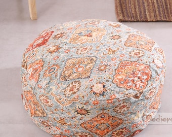 Vintage Rug Style Moroccan Bohemian Floor Cushion Ottoman Pouff Round, Rustic Luxury Floor Cushions