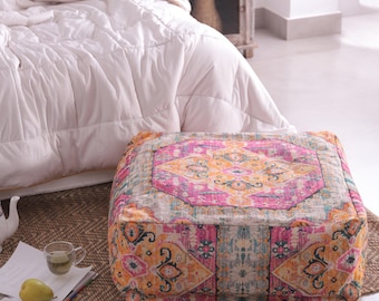 Cojines Ikat Boho Vintage Cojín de suelo Otomano Cuadrado Cubo Mascota Relajante, Estético Rústico Color Rosa Alfombra Kilim Estampada