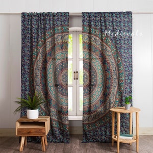 Tende vintage con motivo paisley indiano, elefante, turchese, blu, boho, pannelli per porte e finestre