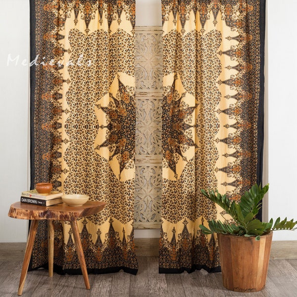 Paisley Indian Curtains Boho Moroccan Design Ivory Brown Vintage Wall Hanging Room Divider Patio Curtain Pair