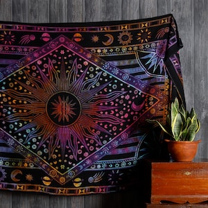 Tie dyed Celestial Planet Design Sun Moon Star Decor Tapestry