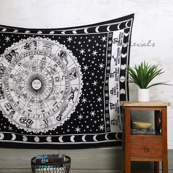 Noir blanc horoscope planète soleil étoiles tapisserie décoration murale suspendu zodiaque céleste signes Raashi