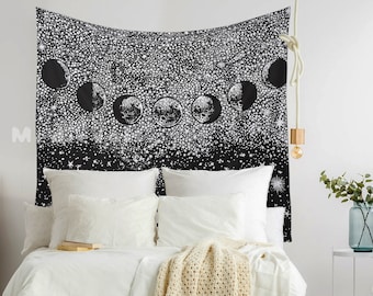 Moon Phases Tapestry, Black and White Lunar Wall Hanging, Boho Decor
