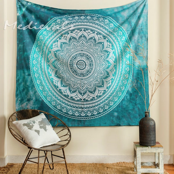 Indian New Mandala Ombre Turquoise Green Blue Tapestry Square Cute for Dorm small Tapestry Free Shipping