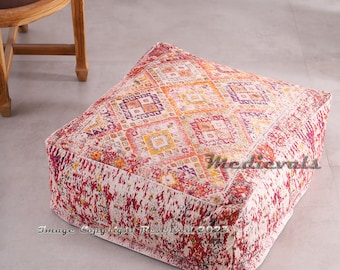 Bohemian Floor Pouf Cover: Distressed Persian Ikat, Square Ottoman Cushion