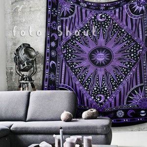 Purple Celestial Sun Moon Stars Planet Universe Burning Sun Tapestry