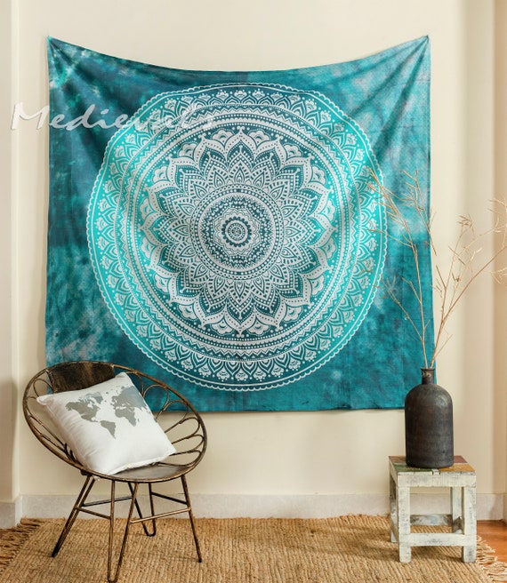 Indian New Mandala Ombre Turquoise Green Blue Tapestry Square Cute for Dorm Small Tapestry Free Shipping Etsy Canada