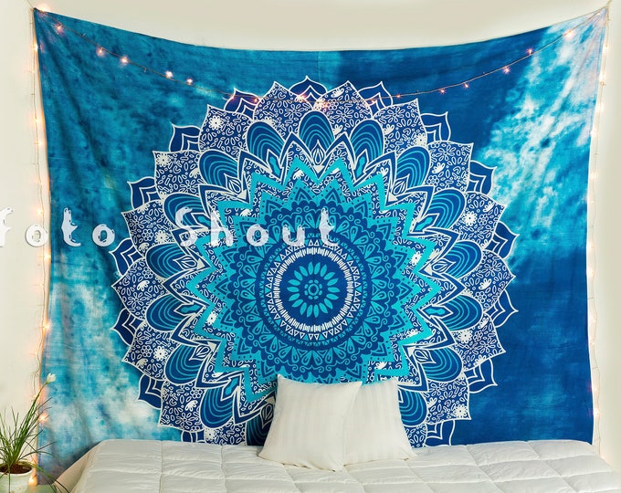 Tapisserie murale florale mignonne mandala dégradé bleu turquoise, lumière de méditation de l'âme