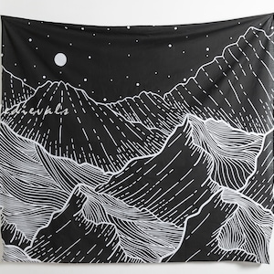 Black and White Mountain Moon Stars Night Boho Tapestry Girl Room Decor dorm Wall Hanging Square Small Size