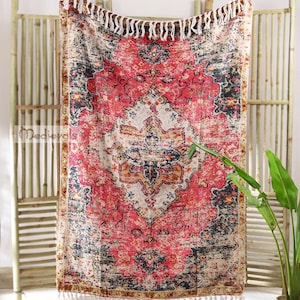 Antique Boho Printed Persian Blanket Throws, Cozy Rustic Bohemian room decor, Tribal Vintage Design Rug Style Bed Throw