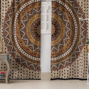 Indian Walll Panel Curtains Cotton Paisley Brown Geometrical Design Boho Morrocon Pattern