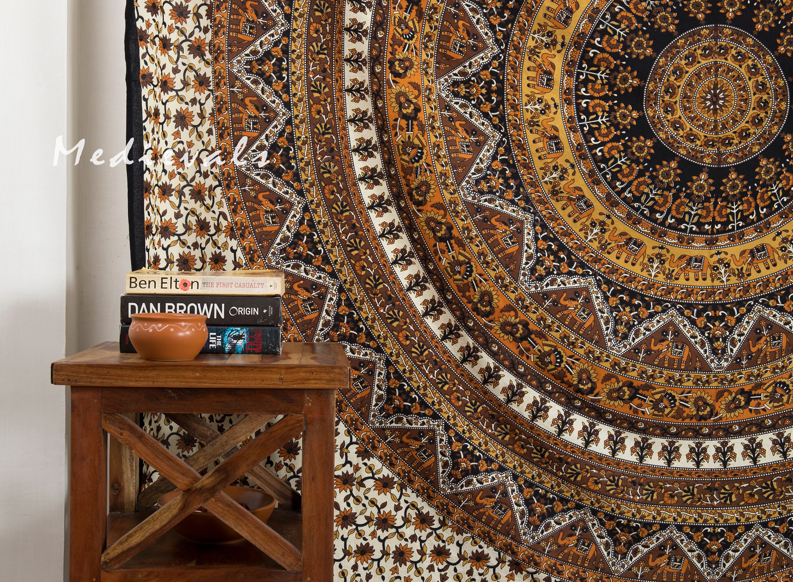 Paisley Indian Mandala Vibrant Ivory Brown Boho Wall Tapestry Hanging Decor Queen Large