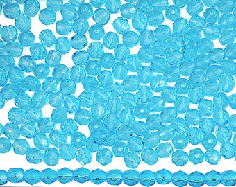 Perles de verre facettées rondes, polies au feu, turquoises tchèques dim. 8 mm 150 pcs Perles de vernis à feu traditionnelles bleu aigue-marine Preciosa, en vrac