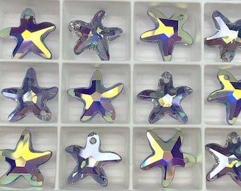 May include: Iridescent crystal starfish-shaped beads arranged in a grid. Each bead has a faceted design with a yellow and purple color scheme. The beads have a hole for stringing, ideal for jewelry making or craft projects.