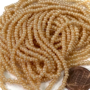 May include: A close-up of a pile of small, round, beige seed beads. The beads have a slight iridescent sheen. A US penny is included for scale.