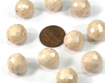ChalkWhite Opaque Beige Luster loose Traditional Czech Fire Polished Round Faceted Glass Beads 14mm 10pcs CF073