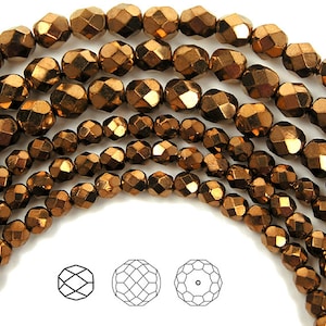 6mm (68pcs) Jet Gold Bronze fully coated, Czech Fire Polished Round Faceted Glass Beads, 16 inch strand