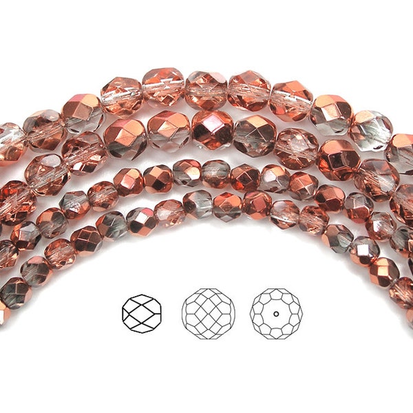 Crystal Sunset Metallic coated Czech Fire Polished Round Faceted Glass Beads 16 inch 3mm 4mm 6mm Traditional Preciosa Clear Rose Gold Beads