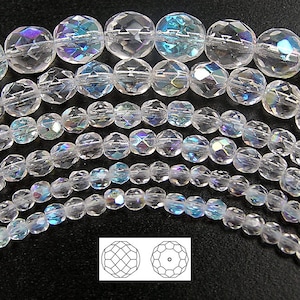 6mm (68pcs) Crystal AB coated, Czech Fire Polished Round Faceted Glass Beads, 16 inch strand, clear with Aurora Borealis
