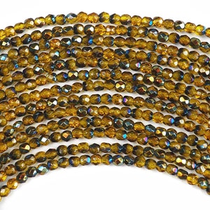 Citrine Santander Perles de verre rondes à facettes polies au feu lourdement revêtues, brins de 16 pouces, couche métallique en verre jaune riche Preciosa de 4 mm