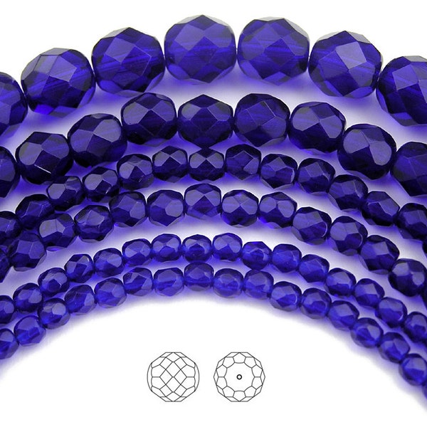 8mm (51pcs) Cobalt Blue, Czech Fire Polished Round Faceted Glass Beads, 16 inch strand or loose in bag, navy blue rosary beads