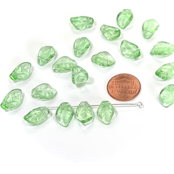 Czech Pressed Druk Glass Beads, Small Leaf, Wavy Curved Shape with Top Hole Across, 15x10mm Peridot Green Transparent, 20 pieces, CL048