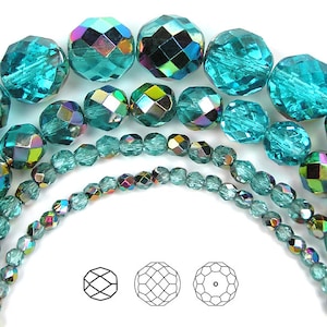 8mm (51pcs) Aqua Vitrail coated, Czech Fire Polished Round Faceted Glass Beads, 16 inch strand