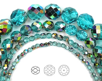 8 mm (51 pcs) perles de verre tchèques rondes à facettes polies à chaud avec revêtement Aqua Vitrail, 16 pouces sur fil