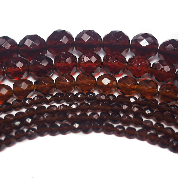 Dark Topaz Czech Fire Polished Round Faceted Glass Beads 16 inch 3mm 4mm 6mm 8mm 10mm 12mm Traditional Preciosa Madeira Brown Beads