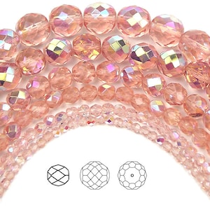 Rosaline AB coated Czech Fire Polished Round Faceted Glass Beads 16 inch 3mm 4mm 6mm 8mm Traditional Preciosa Pink Aurora Borealis Beads