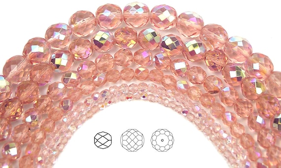 7in Czech Fire Polished Round Faceted Glass Beads in Pink White Givre 2-tone