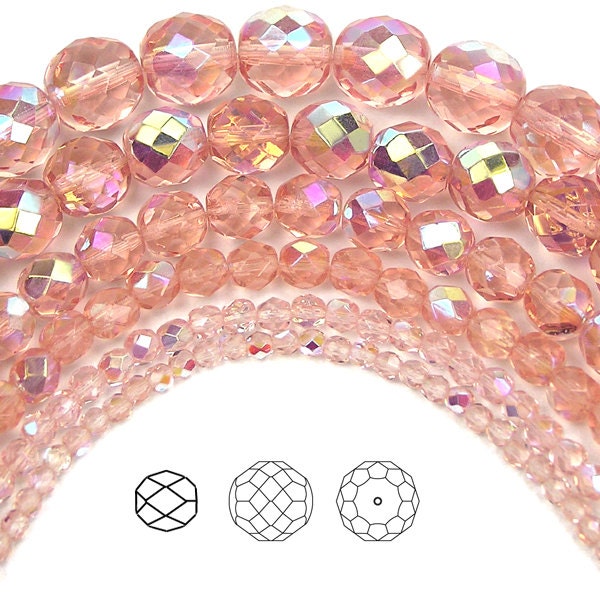 Rosaline AB coated Czech Fire Polished Round Faceted Glass Beads 16 inch 3mm 4mm 6mm 8mm Traditional Preciosa Pink Aurora Borealis Beads