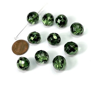 Forest Green Silver coated loose Traditional Czech Fire Polished Round Faceted Glass Beads 14mm 10pcs CF110