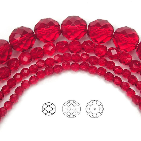 Light Siam Czech Fire Polished Round Faceted Glass Beads 16 inch 3mm 4mm 6mm 8mm 10mm 12mm 14mm Traditional Preciosa Light Red Fire Polish