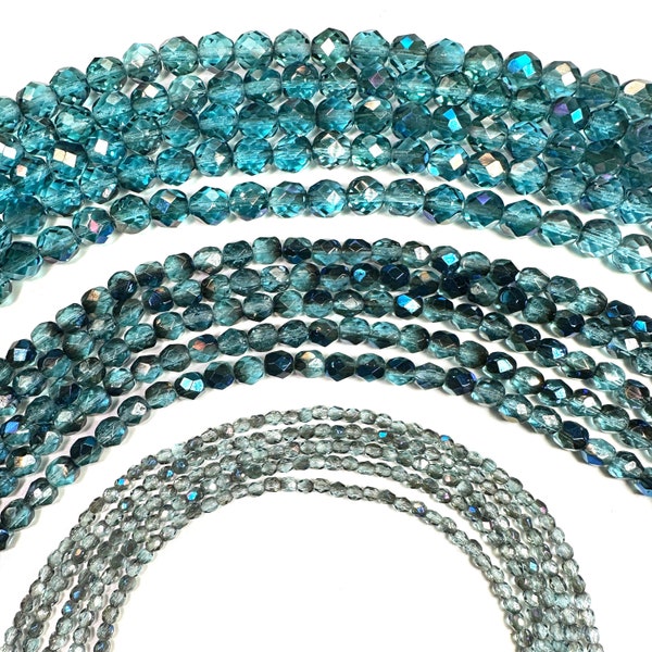 Aqua Azuro coated Variations Czech Fire Polished Round Faceted Glass Beads 16 inch Preciosa 3mm 4mm 6mm 8mm Aurora Borealis Azure