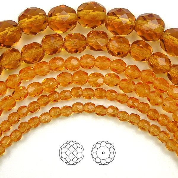 Topaz Czech Fire Polished Round Faceted Glass Beads 16 inch 3mm 4mm 6mm 8mm 10mm 12mm 16mm Traditional Preciosa Golden Brown Fire Polish