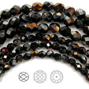 May include: Black faceted glass beads with a gold iridescent finish. The beads are arranged in a semi-circle shape, with the smaller beads in the front and the larger beads in the back. The beads are all the same shape, but they are different sizes. The beads are perfect for making jewelry or other crafts.