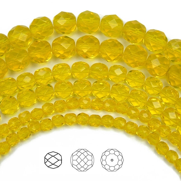 Citrine color Czech Fire Polished Round Faceted Glass Beads 16 inch Preciosa 3mm 4mm 6mm 8mm 10mm rich yellow